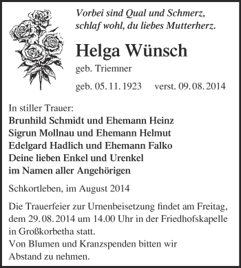 Traueranzeige von Helga Wünsch von WVG - Wochenspiegel NMB / WSF / ZTZ