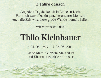 Traueranzeige von Thilo Kleinbauer von WVG - Wochenspiegel Merseburg