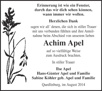 Traueranzeige von Achim Apel von WVG - Wochenspiegel Quedlinburg