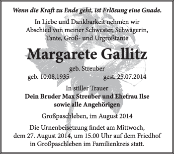 Traueranzeige von Margarete Gallitz von Super Sonntag Dessau / Köthen