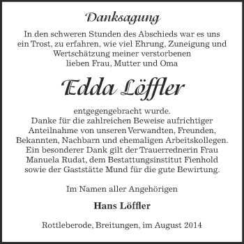 Traueranzeige von Edda Löffler von Super Sonntag SGH Mansf. Land