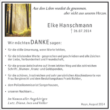 Traueranzeige von Elke Hanschmann von Super Sonntag SGH Mansf. Land