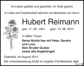 Traueranzeige von Hubert Reimann von Super Sonntag Zeitz