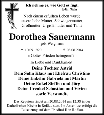 Traueranzeige von Dorothea Sauermann von Super Sonntag Dessau / Köthen