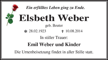 Traueranzeige von Elsbeth Weber von Super Sonntag Dessau / Köthen