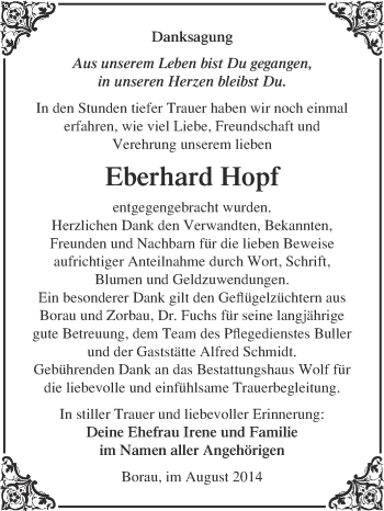 Traueranzeige von Eberhard Hopf von WVG - Wochenspiegel NMB / WSF / ZTZ