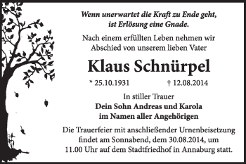 Traueranzeige von Klaus Schnürpel von WVG - Wochenspiegel Wittenberg