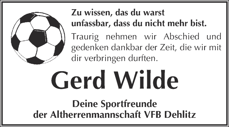  Traueranzeige für Gerd Wilde vom 20.08.2014 aus WVG - Wochenspiegel NMB / WSF / ZTZ