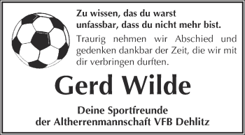 Traueranzeige von Gerd Wilde von WVG - Wochenspiegel NMB / WSF / ZTZ