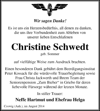 Traueranzeige von Christine Schwedt von Super Sonntag Dessau / Köthen