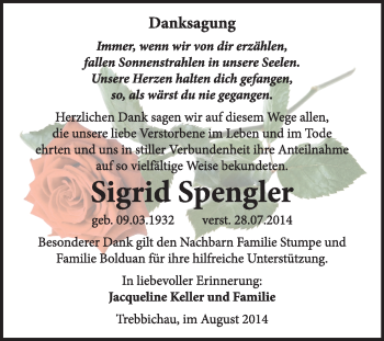 Traueranzeige von Sigrid Spengler von Super Sonntag Dessau / Köthen