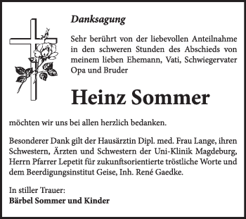 Traueranzeige von Heinz Sommer von Super Sonntag Dessau / Köthen