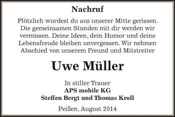 Traueranzeige von Uwe Müller von Super Sonntag Bernburg