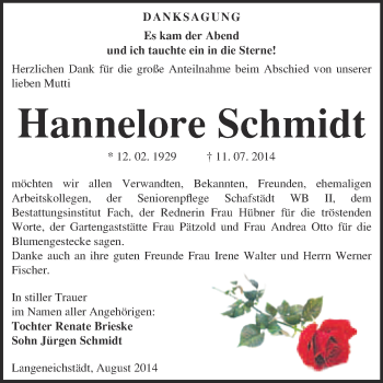 Traueranzeige von Hannelore Schmidt von WVG - Wochenspiegel Merseburg