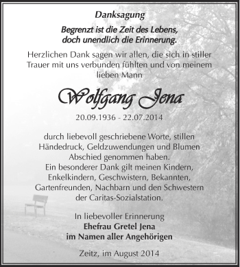 Traueranzeige von Wolfgang Jena von Super Sonntag Zeitz
