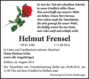 Traueranzeige von Helmut Frensel von Super Sonntag Dessau / Köthen
