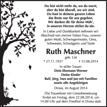 Traueranzeige von Ruth Maschner von Super Sonntag Dessau / Köthen
