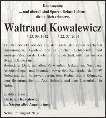 Traueranzeige von Waltraud Kowalewicz von WVG - Wochenspiegel NMB / WSF / ZTZ