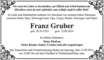 Traueranzeige von Franz Gruber von Super Sonntag Dessau / Köthen