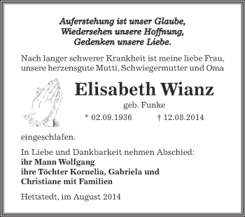 Traueranzeige von Elisabeth Wianz von Wochenspiegel Mansfelder Land