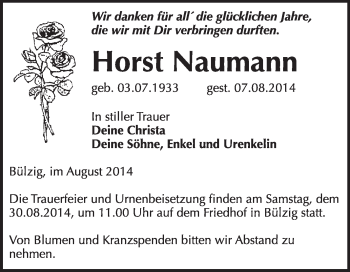 Traueranzeige von Horst Naumann von WVG - Wochenspiegel Wittenberg