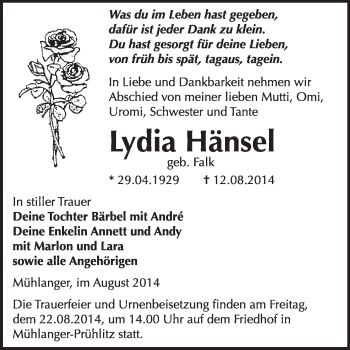 Traueranzeige von Lydia Hänsel von WVG - Wochenspiegel Wittenberg