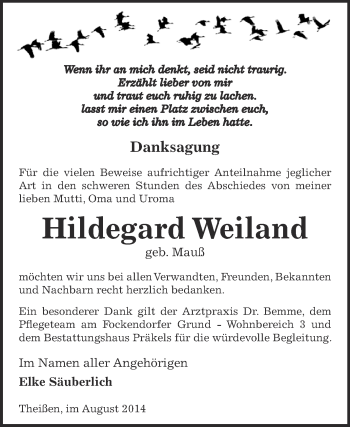 Traueranzeige von Hildegard Weiland von Super Sonntag Zeitz