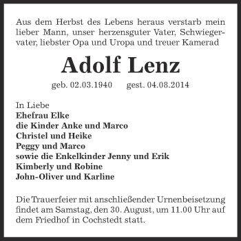 Traueranzeige von Adolf Lenz von Super Sonntag Bernburg