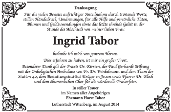 Traueranzeige von Ingrid Tabor von Super Sonntag Wittenberg
