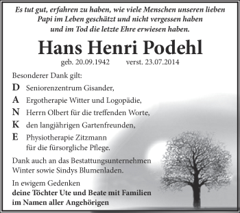 Traueranzeige von Hans Henri Podehl von WVG - Wochenspiegel Bitterfeld