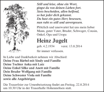 Traueranzeige von Heinz Jugelt von WVG - Wochenspiegel NMB / WSF / ZTZ