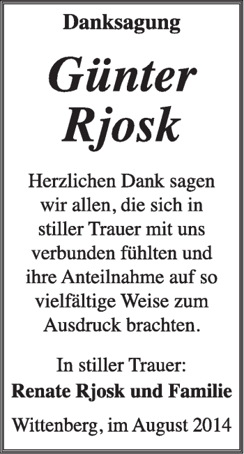 Traueranzeige von Günter Rjosk von WVG - Wochenspiegel Wittenberg