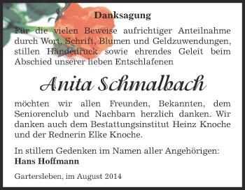 Traueranzeige von Anita Schmalbach von WVG - Wochenspiegel Aschersleben