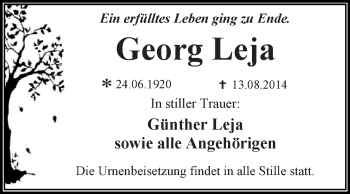 Traueranzeige von Georg Leja von WVG - Wochenspiegel Dessau / Köthen