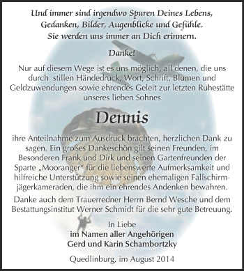Traueranzeige von Dennis  von WVG - Wochenspiegel Quedlinburg
