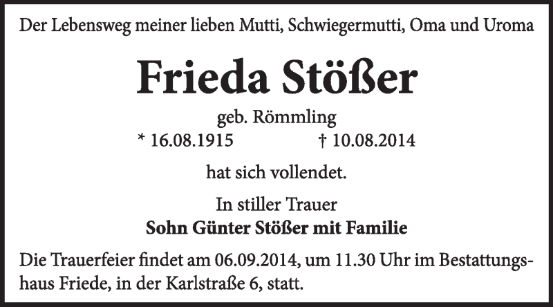  Traueranzeige für Frieda Stößer vom 24.08.2014 aus Super Sonntag Dessau / Köthen