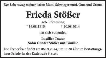 Traueranzeige von Frieda Stößer von Super Sonntag Dessau / Köthen