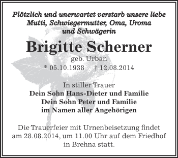 Traueranzeige von Brigitte Scherner von WVG - Wochenspiegel Bitterfeld