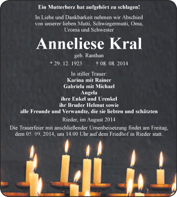 Traueranzeige von Anneliese Kral von WVG - Wochenspiegel Quedlinburg