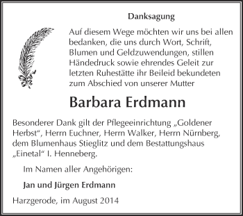 Traueranzeige von Barbara Erdmann von Super Sonntag Quedlinburg