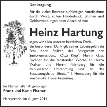 Traueranzeige von Heinz Hartung von Super Sonntag Quedlinburg