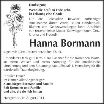 Traueranzeige von Hanna Bormann von Super Sonntag Quedlinburg