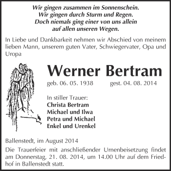 Traueranzeige von Werner Bertram von WVG - Wochenspiegel Quedlinburg