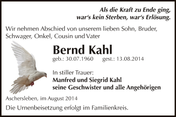 Traueranzeige von Bernd Kahl von WVG - Wochenspiegel Aschersleben