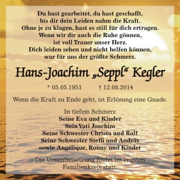 Traueranzeige von Hans-Joachim Kegler von Super Sonntag Zeitz