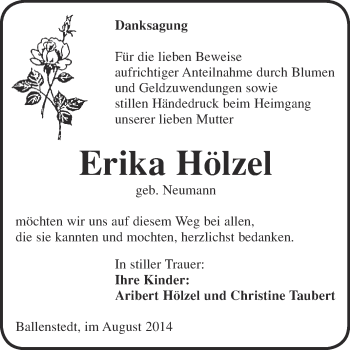 Traueranzeige von Erika Hölzel von WVG - Wochenspiegel Quedlinburg