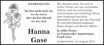 Traueranzeige von Hanna Gase von Super Sonntag Aschersleben