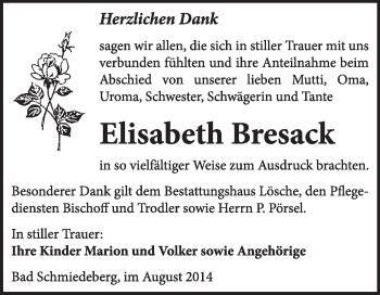 Traueranzeige von Elisabeth Bresack von WVG - Wochenspiegel Wittenberg