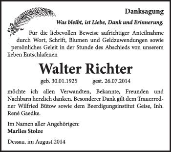 Traueranzeige von Walter Richter von Super Sonntag Dessau / Köthen