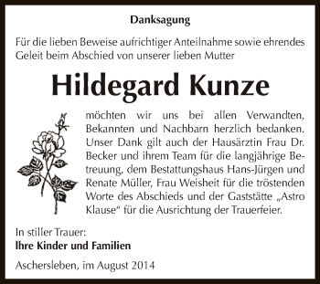 Traueranzeige von Hildegard Kunze von WVG - Wochenspiegel Aschersleben